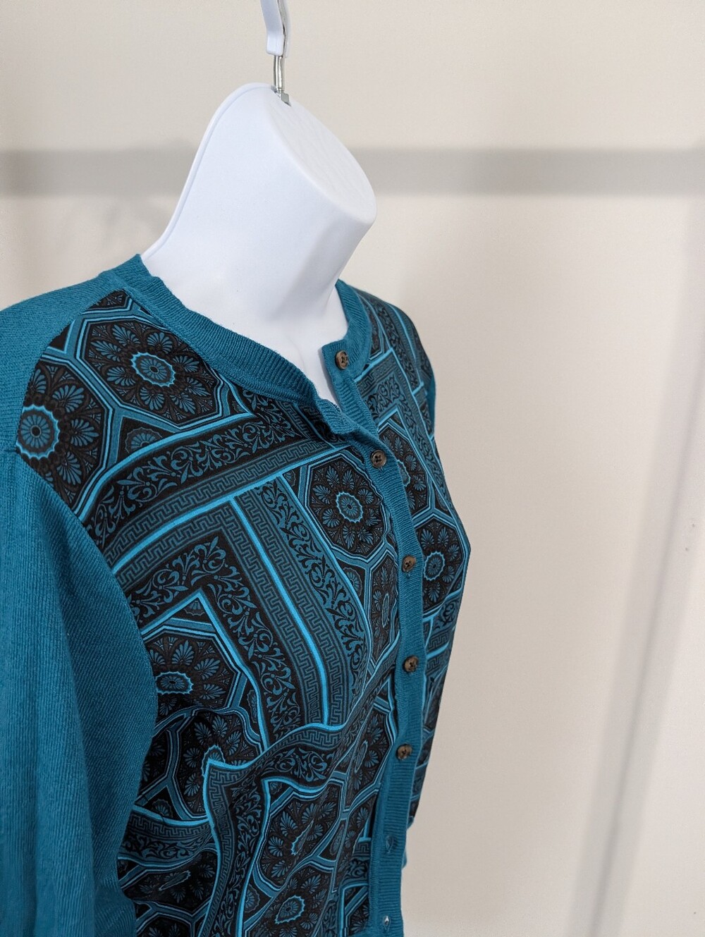 Ann Taylor Teal and Black Patterned Cardigan - Picture 4 of 6